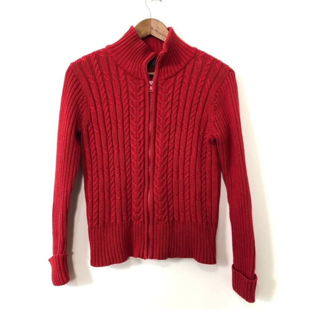 VTG Cable Knit Sweater Zip Cardigan Relativity Red Cotton M Preppy 90s Fisherman
